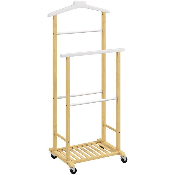 Cabide de Pé de Bambu com Rodas Cabide para Roupas com Barras para Calças e Prateleira Inferior para Sapatos Estilo Nórdico 47x33,7x105,5 cm Madeira e Branco