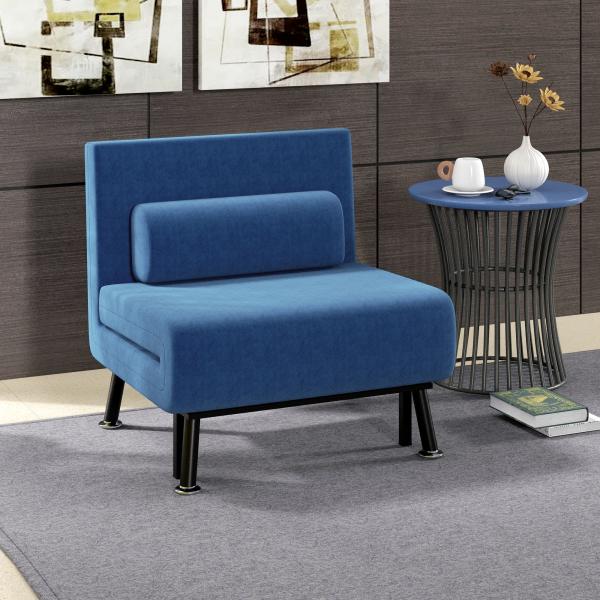Sofá Cama Individual Dobrável com Encosto Ajustável em 5 Níveis Almofada e Estofado em Linho Sintético 75x70x75 cm Azul