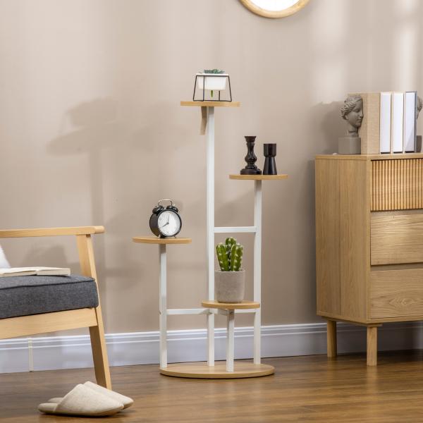Suporte para Plantas de 4 Níveis Suporte para Vasos de Plantas com Estrutura de Aço 40x40x95,5cm Madeira e Branco