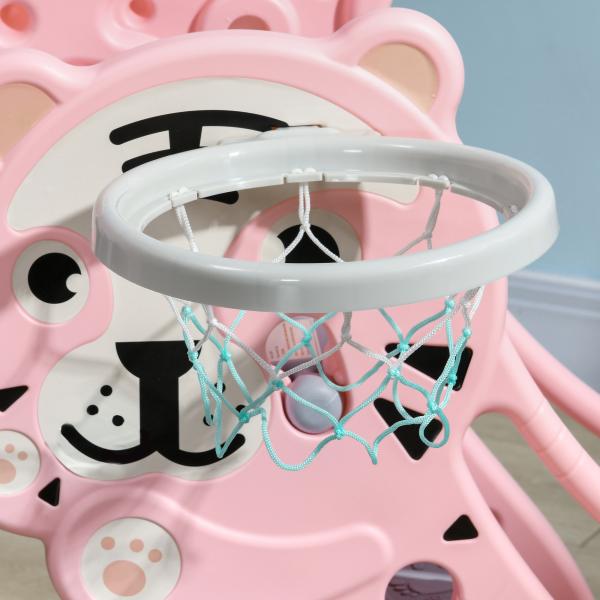 Escorrega para Crianças 2 em 1 com 2 Degraus Cesta de Basquetebol e Desenho de Tigre para Interior 133x60x70 cm Rosa