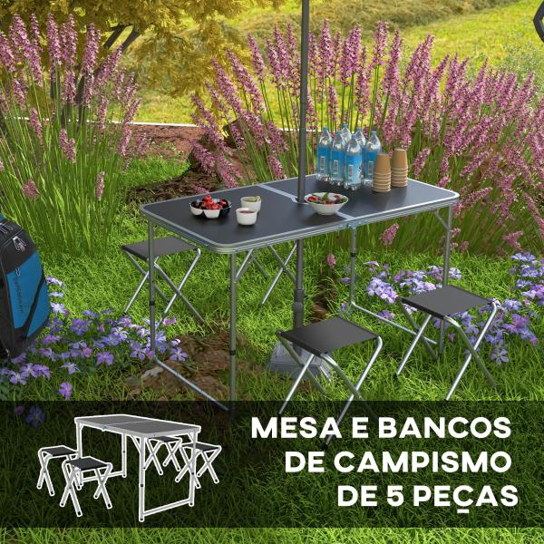 Conjunto de Campismo de 5 Peças Mesa Dobrável com Assentos Inclui 1 Mesa Ajustável em Altura com Orifício e 4 Assentos Preto