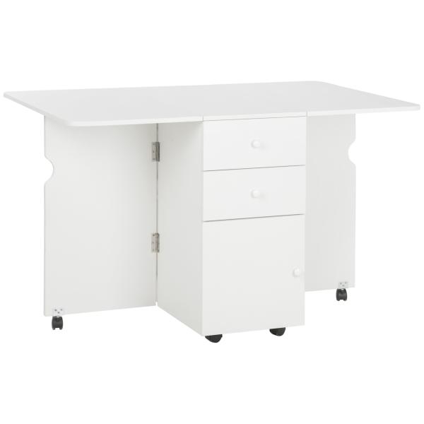 Mesa de Cozinha Dobrável com Laterais Dobráveis 6 Rodas e 2 Gavetas de Armazenamento 120x80x75 cm Branco