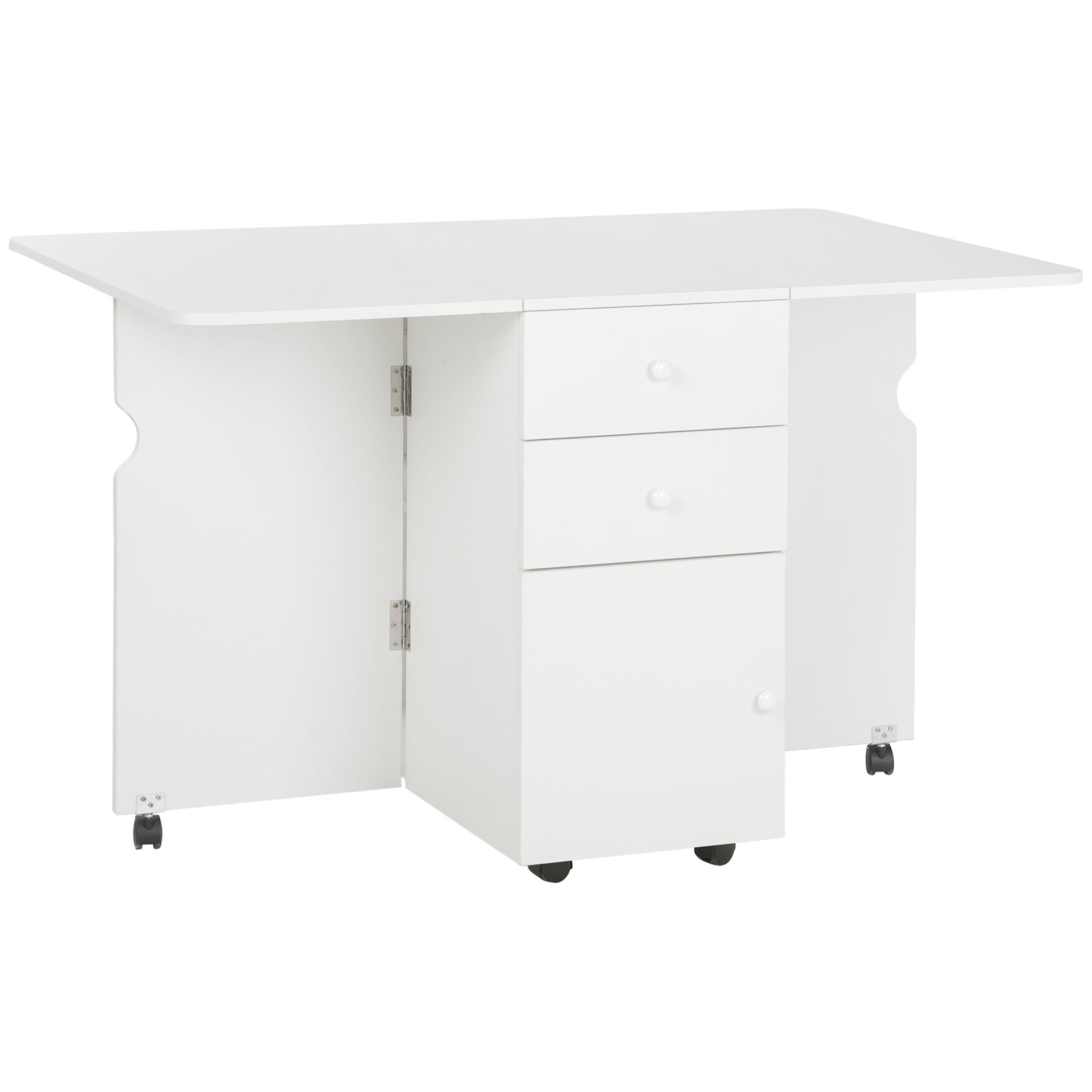 Mesa de Cozinha Dobrável com Laterais Dobráveis 6 Rodas e 2 Gavetas de Armazenamento 120x80x75 cm Branco