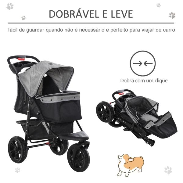 Carrinho de animais de estimação dobrável com rodas Correias de segurança e cesto de armazenamento 109,5x57,5x106,5 cm Cinza e preto