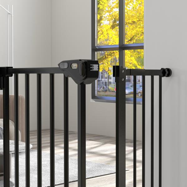 Barreira de Segurança de Cães para Escadas e Portas 74 - 94 cm com 1 Extensão Fechamento Automático e Sistema de Duplo Bloqueio Aço Preto