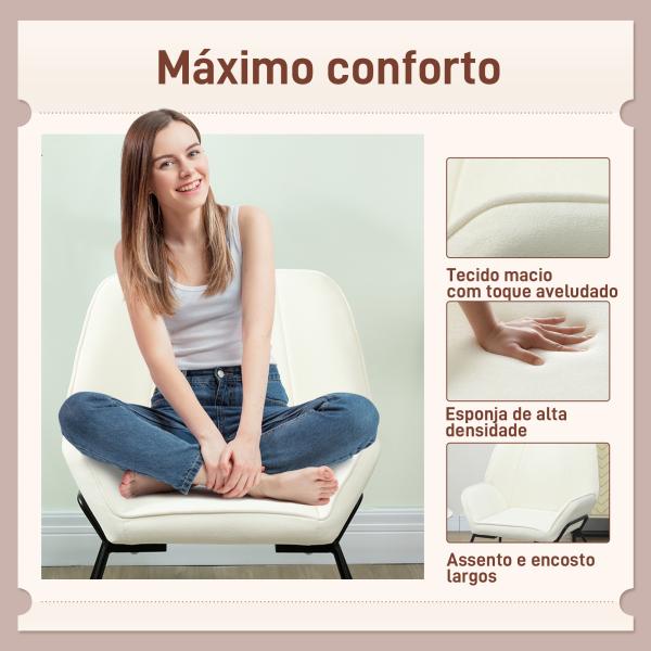 Poltrona Sala de Estar Moderna Poltrona de Leitura com Assento Largo e Acolchoado Estofada em Veludo Pés de Metal 70x67,5x87 cm Creme