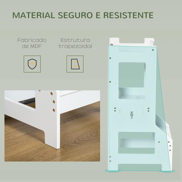 Torre de Aprendizagem para Crianças 3 - 6 Anos de Madeira Torre de Aprendizagem Infantil Convertível em Secretária com Ardósia e Barra de Segurança para Casa de Banho Cozinha 42x44x86cm Branco
