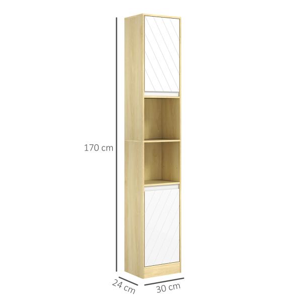 Coluna Casa de Banho com 2 Prateleiras Abertas Armário Alto para Casa de Banho 30x24x170 cm Madeira e Branco