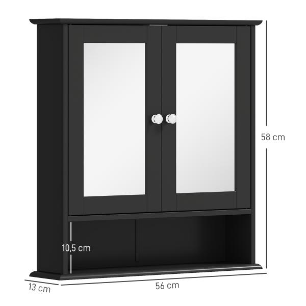 Armário de Casa de Banho com Espelho Armário de Parede com 2 Portas Prateleira Aberta e Ajustável 56x13x58cm Preto