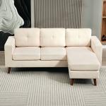Sofá Chaise Longue Reversível de 3 Lugares Estofado em Veludo Estrutura de Aço Para Salas Pequenas Creme