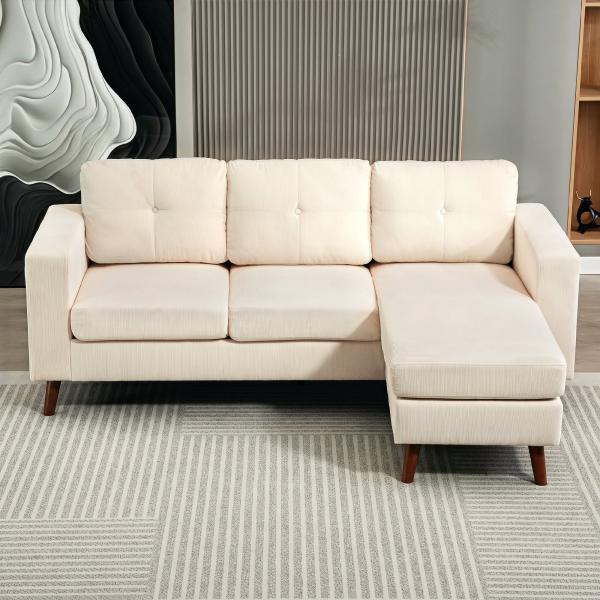 Sofá Chaise Longue Reversível de 3 Lugares Estofado em Veludo Estrutura de Aço Para Salas Pequenas Creme