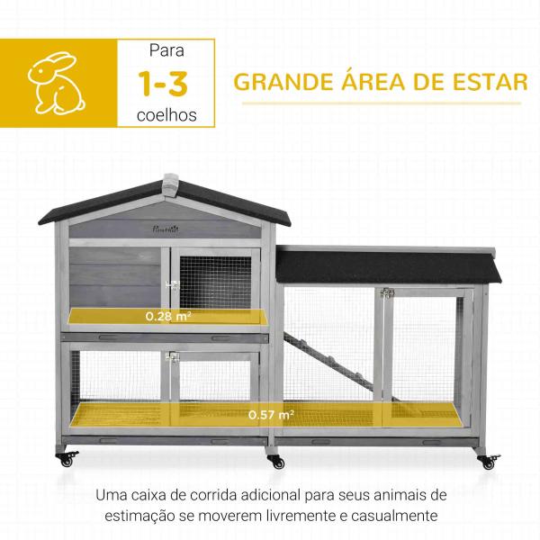 Casota para Coelhos Exterior 157,4x53x99,5 cm Gaiola Grande com Rodas, Telhado Asfáltico, Tabuleiros Removíveis e Rampa Cinzento