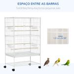 Gaiola para Pássaros com Rodas Bandeja Amovível 4 Portas Comedouros e Prateleira de Armazenamento 78x52x132cm Branco