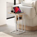 Mesa Auxiliar com Estação de Carga com Tampo Dobrável e Pés Ajustáveis 39x29x57 cm Branco e Madeira