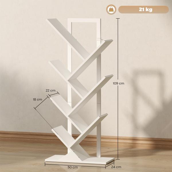 Estante em Forma de Árvore de 7 Níveis Estante de Livros com 7 Prateleiras e Estrutura de Aço 50x24x109 cm Branco