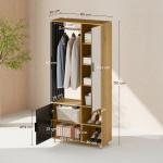 Roupeiro com Espelho e Porta Barra para Pendurar 2 Compartimentos Abertos Estilo Moderno 80x30x170 cm Madeira e Preto