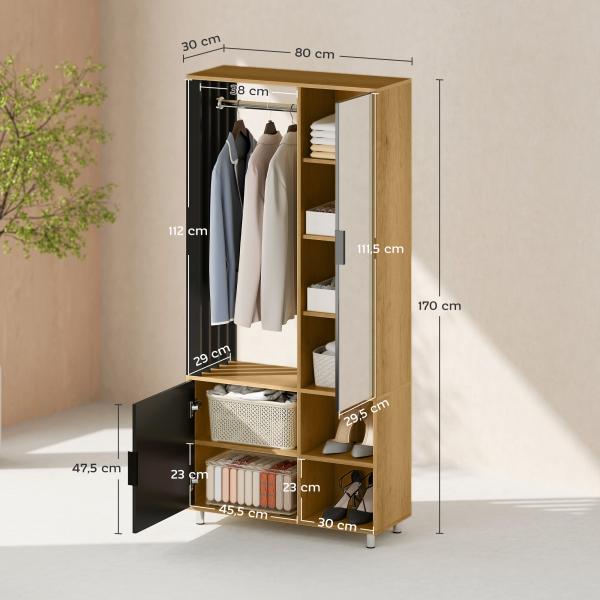 Roupeiro com Espelho e Porta Barra para Pendurar 2 Compartimentos Abertos Estilo Moderno 80x30x170 cm Madeira e Preto