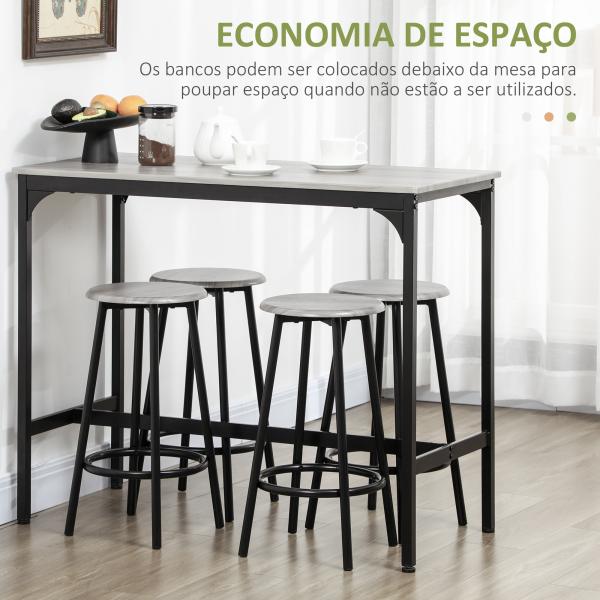 Conjunto de Móveis Altos de Bar com 5 Peças Mesa de Refeição Industrial e 4 Bancos Redondos Cinzento e Preto