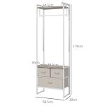 Suporte para Cabides com 3 Gavetas de Tecido Barra para Pendurar e Prateleira para Entrada Quarto 58,5x30x178 cm Natural