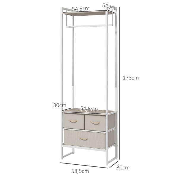 Suporte para Cabides com 3 Gavetas de Tecido Barra para Pendurar e Prateleira para Entrada Quarto 58,5x30x178 cm Natural