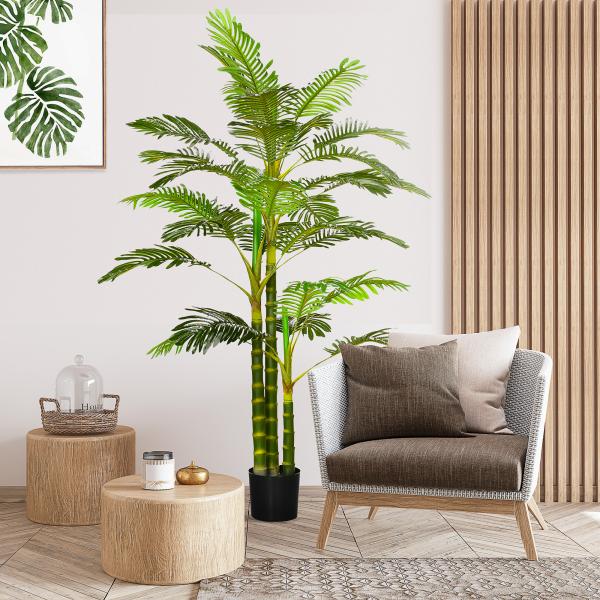 Planta Artificial Palmeira Areca com Vaso e 30 Folhas Decoração para Interior e Exterior Ø19,5x190 cm Verde
