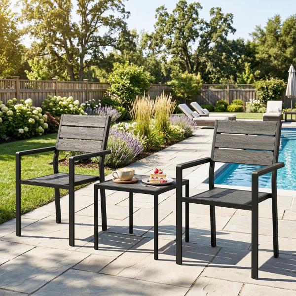 Conjunto de Jardim de 3 Peças com 2 Cadeiras e Mesa de HDPE Design com Ripas Efeito Madeira para Varanda Preto