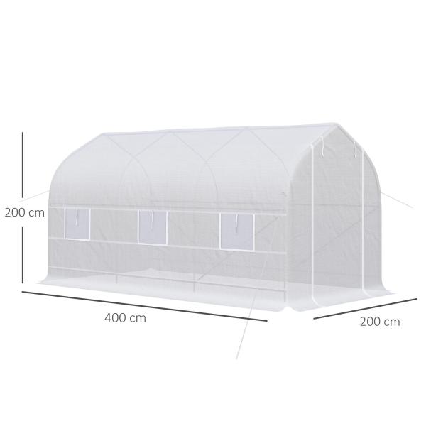 Estufa Tipo Túnel 400x200x200cm Estufa de Jardim com 6 Janelas Transpiráveis e Portas Enrolável com Zíper para Cultivo de Plantas e Verduras Branco