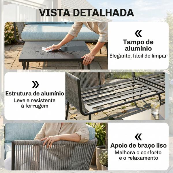 Conjunto de Móveis de Jardim em Ratã Sofá de Canto com Almofadas e Mesa de Centro para Terraço Exterior Azul Claro