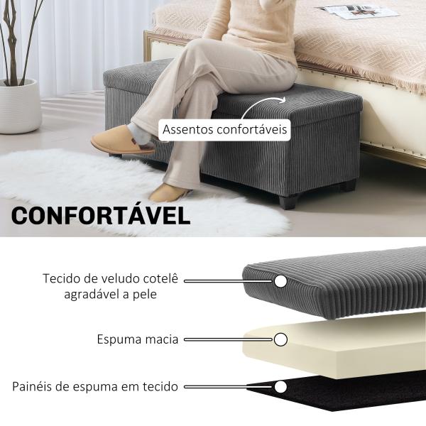 Banco de Arrumação Capacidade de 84 L Estofado em Veludo Banco Pé de Cama para Dormitório 112x42x40 cm Cinza