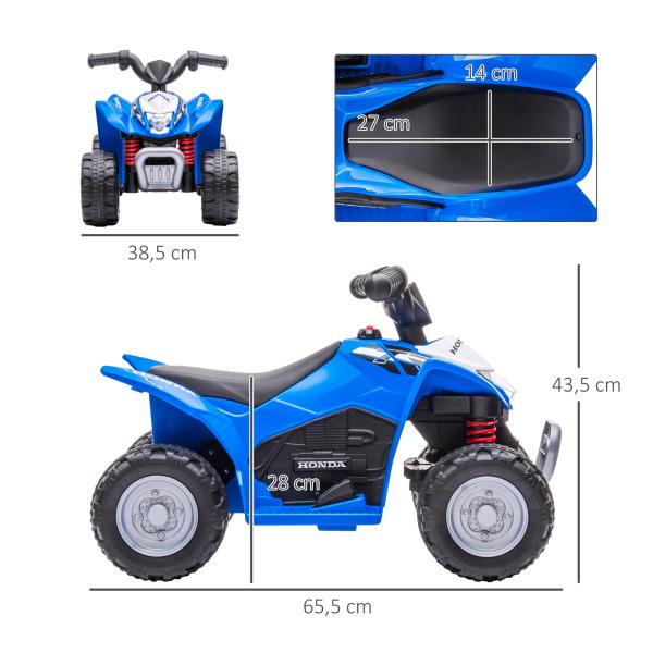 Quadriciclo Elétrico HONDA para Crianças de 18 - 36 Meses Quadriciclo Elétrico Infantil a Bateria 6V com Faróis LED Buzina Velocidade de 2,8km/h e Avance 65,5x35,5x43,5cm Azul