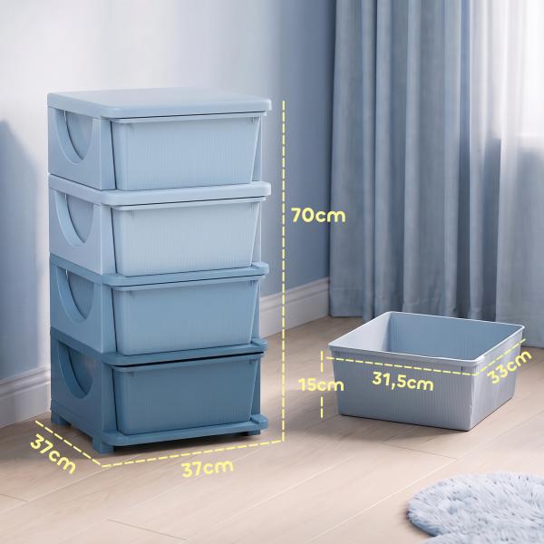 Organizador de Brinquedos com 4 Gavetas Torre de Arrumação para Crianças +3 Anos Cantos Arredondados e Pegas 37x37x76 cm Azul