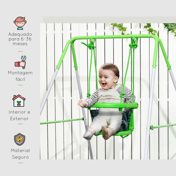 Baloiço Infantil de Aço Baloiço para Crianças de 6 - 36 Meses com Encosto Alto e Arnês de Segurança 122x146x122 cm Verde