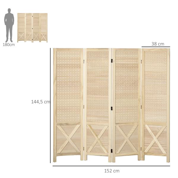 Biombo de 4 Painéis Separador de Ambientes Dobrável 152x1,7x144,5 cm Painéis com Orifícios para Pendurar Madeira