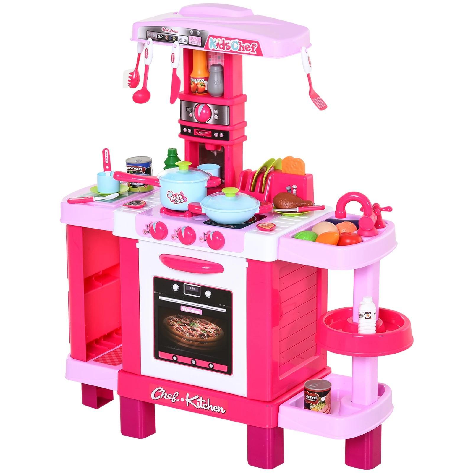 Cozinha para Crianças acima de 3 Anos Cozinha Infantil com 38 Acessórios Luz Som 78x29x87 cm Rosa