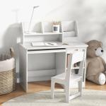 Conjunto de Secretária e Cadeira para Crianças com 2 Gavetas e Compartimento para Dormitório Sala de Estudo Branco