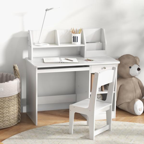 Conjunto de Secretária e Cadeira para Crianças com 2 Gavetas e Compartimento para Dormitório Sala de Estudo Branco