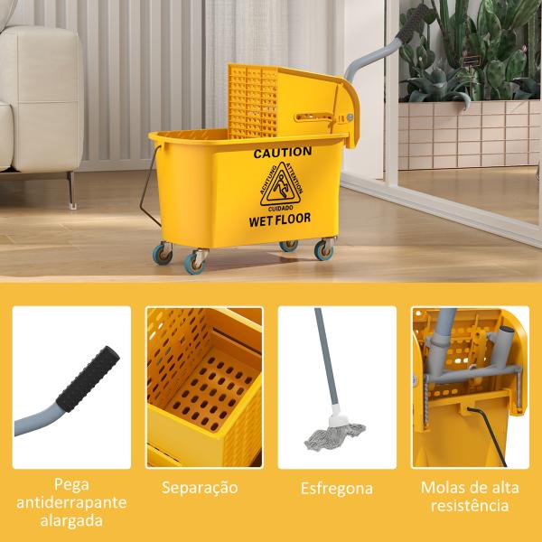 Balde de Limpeza com Esfregona e Rodas Capacidade de 20 L Sistema de Escurridor e Pega de Transporte 45x26,5x70 cm Amarelo