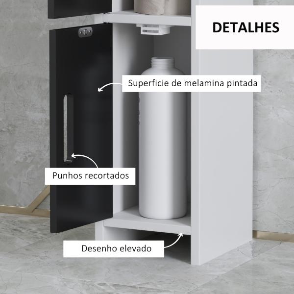 Coluna Casa de Banho com 3 Portas e 3 Prateleiras Abertas Coluna Auxiliar Estilo Moderno 15x17x120 cm Branco e Preto