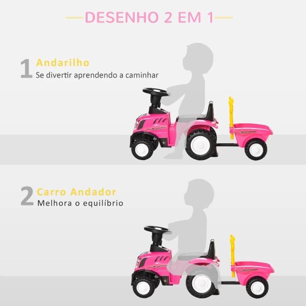 Trator para Crianças de 12 - 36 Meses com Reboque Removível Carro Andador com Buzina Farol Pá e Ancinho Carga 25kg 91x29x44cm Rosa