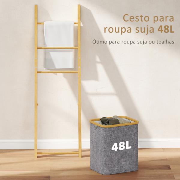 Estante para Casa de Banho de Bambu com 3 Barras e Cesto para Roupa Suja Removível de 48 L 43x35x133 cm Cinzento