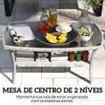 Mesa de Jardim Exterior Retangular em Vime com Prateleira Tampo de Vidro Temperado Ondulado 90x50x45 cm Cinzento Escuro