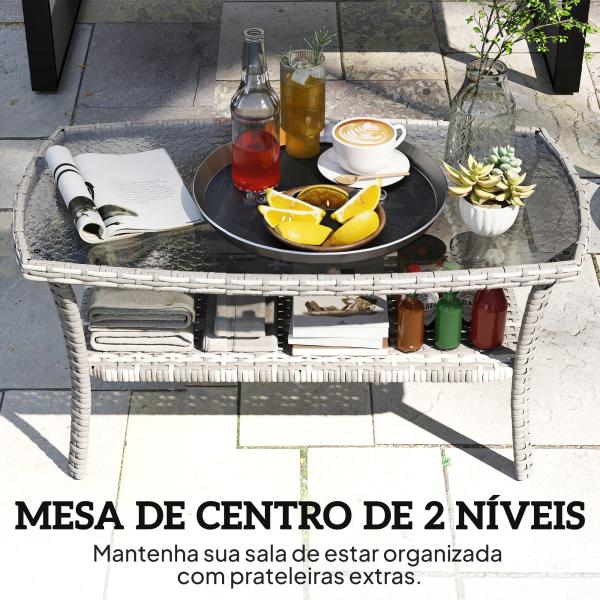 Mesa de Jardim Exterior Retangular em Vime com Prateleira Tampo de Vidro Temperado Ondulado 90x50x45 cm Cinzento Escuro