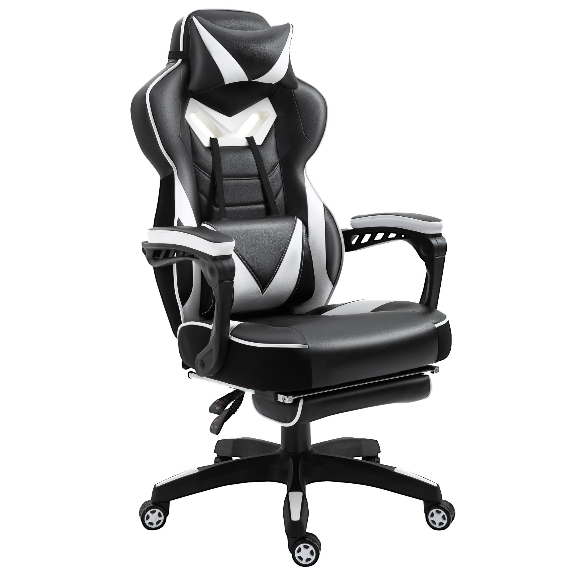 Cadeira de escritorio gaming ergonômica Altura ajustável Reclinável Encosto com apoio para pés 65x70x118,5 - 126,5 cm Branco e Preto