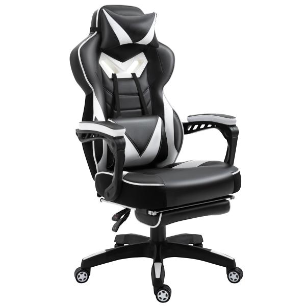 Cadeira de escritorio gaming ergonômica Altura ajustável Reclinável Encosto com apoio para pés 65x70x118,5 - 126,5 cm Branco e Preto