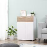 Armário Casa de Banho com 2 Portas e Prateleiras Interiores Ajustáveis Móvel Auxiliar de Madeira Multiuso para Sala de Estar Cozinha Sala de Jantar 60x30x85cm Branco e Madeira Natural