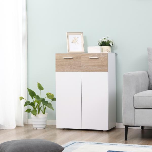 Armário Casa de Banho com 2 Portas e Prateleiras Interiores Ajustáveis Móvel Auxiliar de Madeira Multiuso para Sala de Estar Cozinha Sala de Jantar 60x30x85cm Branco e Madeira Natural