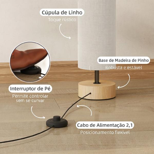 Candeeiro de Pé para Sala com Casquilho E27 Máx. 40 W, Abajur em Linho e Estrutura Metálica, 15x15x120 cm, Bege