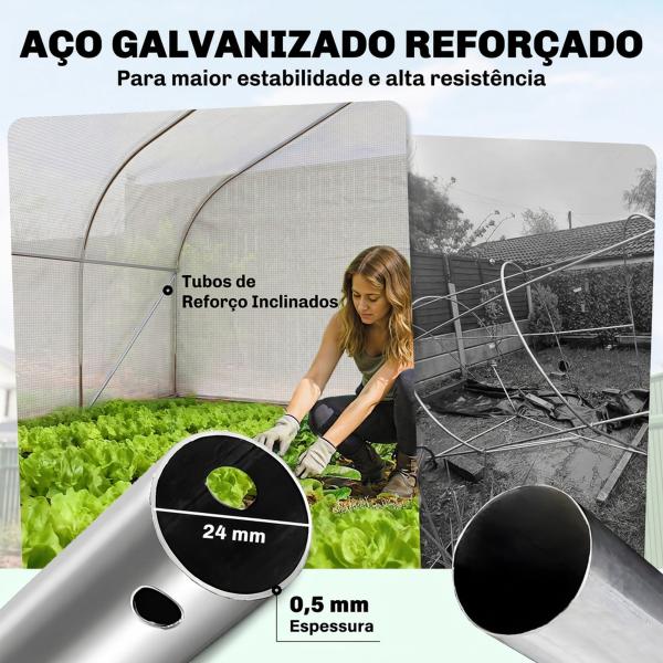 Estufa Tipo Túnel 395x300x200 cm com Porta de Malha e 8 Janelas Estufa de Jardim com Cobertura de PE Branco