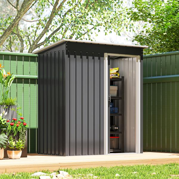 Abrigo de Jardim Exterior 1,5 m² 163x89x182 cm Abrigo Metálico para Ferramentas com Porta de Correr e Teto Inclinado Preto