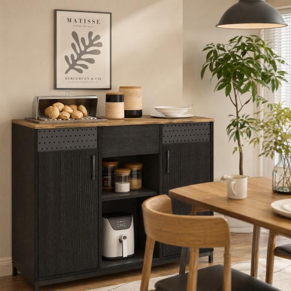 Aparador de 2 Portas com Orifícios 2 Compartimentos e Gaveta Prateleiras Ajustáveis 100x40x80 cm Preto e Castanho Rústico